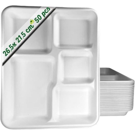 Eorbow Lot De 50 Assiettes En Carton Jetables à 5 Compartiments, 27,9 X 20,3 Cm, Plateaux Compostables En Bagasse, Assiettes Sectionnelles Robustes En Canne à Sucre, Plateau Divisé Pour Buffet, Fête
