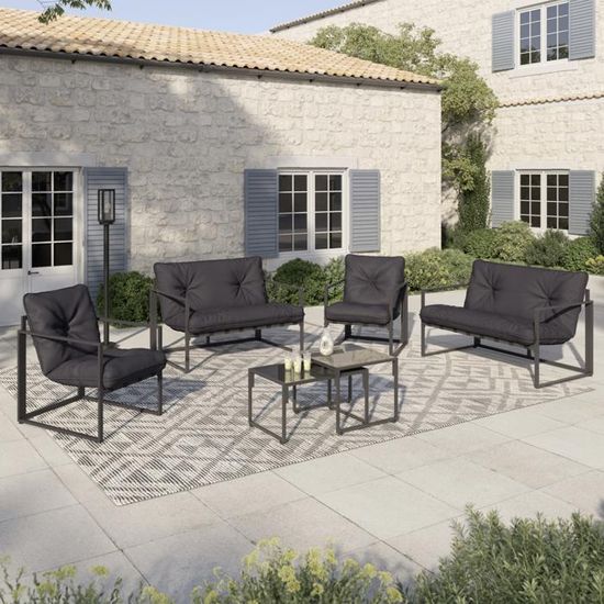 Salon Jardin Nairobi 6 Places - Acier Gris Anthracite - Coussins Confortables
