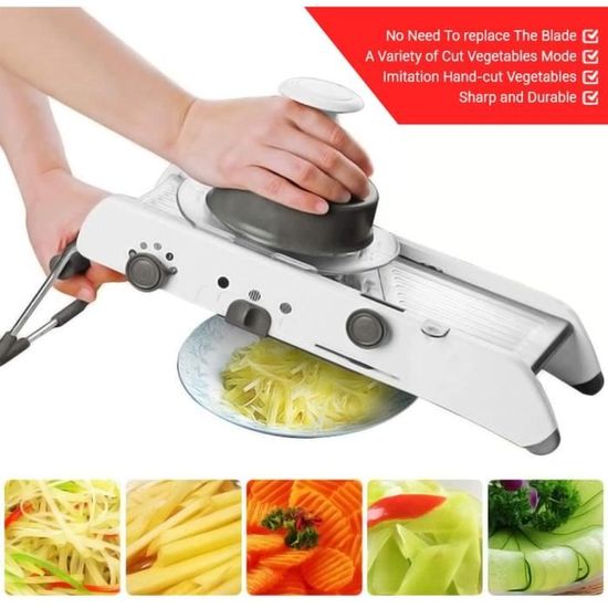 Mandoline De Cuisine 5 En 1 - Avec 5 Lames Acier Inox - Récipient 1,7L - Tranche, Julienne, Râpe - Sécurisée