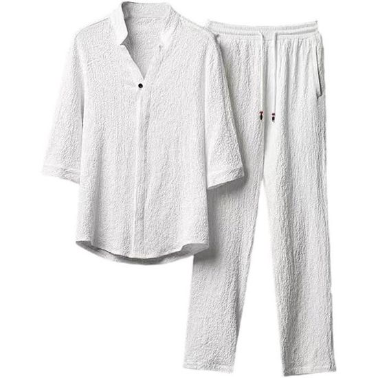 Generisch Survêtement D'été Pour Homme, Plage, Vacances, Loisirs, 2 Pièces, Dégradé De Couleurs, Chemise Et Short, Tenues 2 Pièces, Chemises, Pantalons Courts, Combinaison De Sport Hawaïenne, Blanc