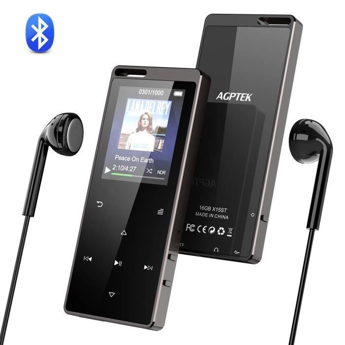 16Go Hi-FI MP3 Bluetooth 4.0 en Métal, Lecteur Musique Anti-Bruit Baladeur Bouton Tactile avec Radio FM, Podomètre et Trou de Cordon