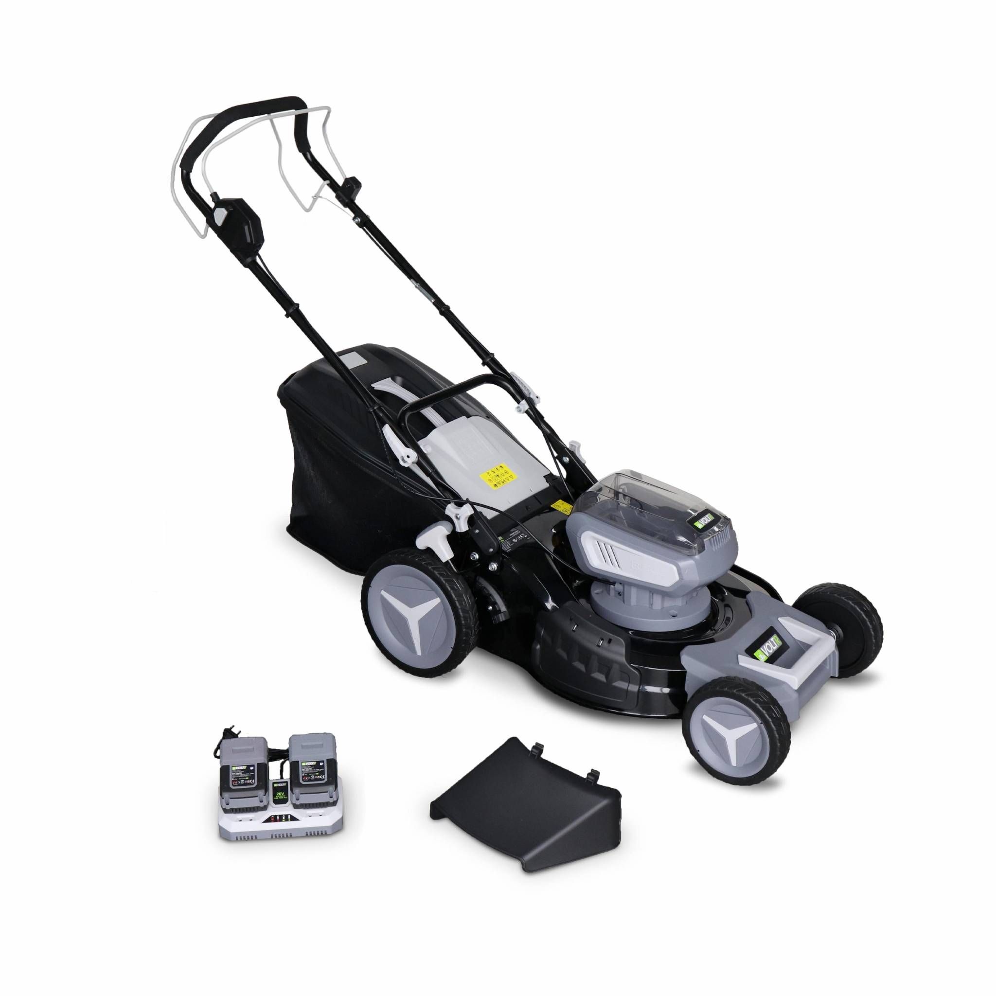 VOLTR 36V – Tondeuse à gazon sans fil tractée Ø46cm – Batteries 20V Lithium 8.0Ah + double chargeur rapide. récupérateur d’herbe 50L