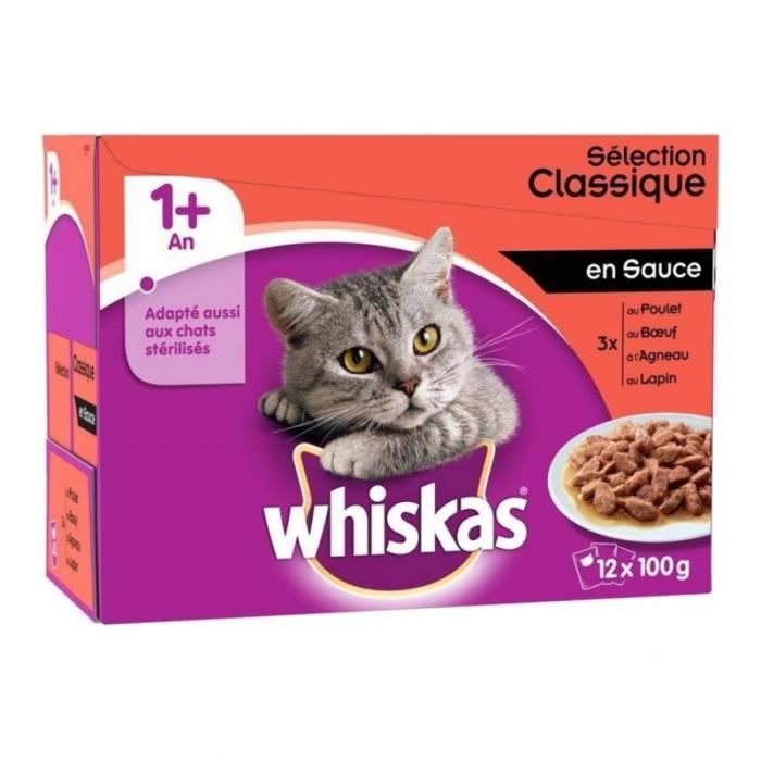 Whiskas 1 ans et Plus Sélection Classique en Sauce par 12 (lot de 2 soit 24 sachets)