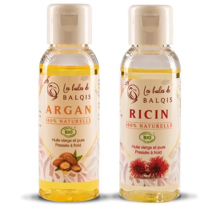 Duo Huile de Ricin Huile d’Argan BIO 100% naturel pur pressé à froid Spécial Cheveux, Peau, Visage et Barbe. 2x50mL
