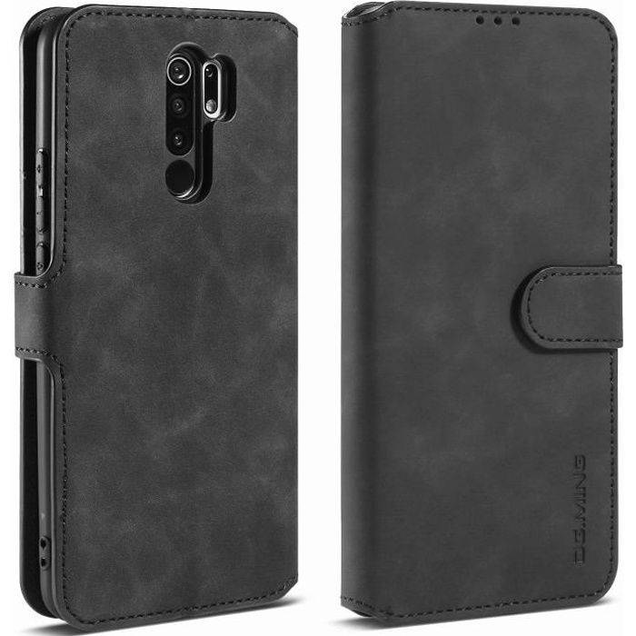 Coque Xiaomi Redmi 9, Étui portefeuille de protection magnétique Retro Flip pour Xiaomi Redmi 9 - Noir
