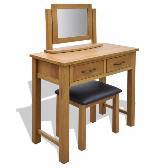 Coiffeuse avec tabouret Bois de chêne massif-Meuble Maquillage-Table de Maquillage