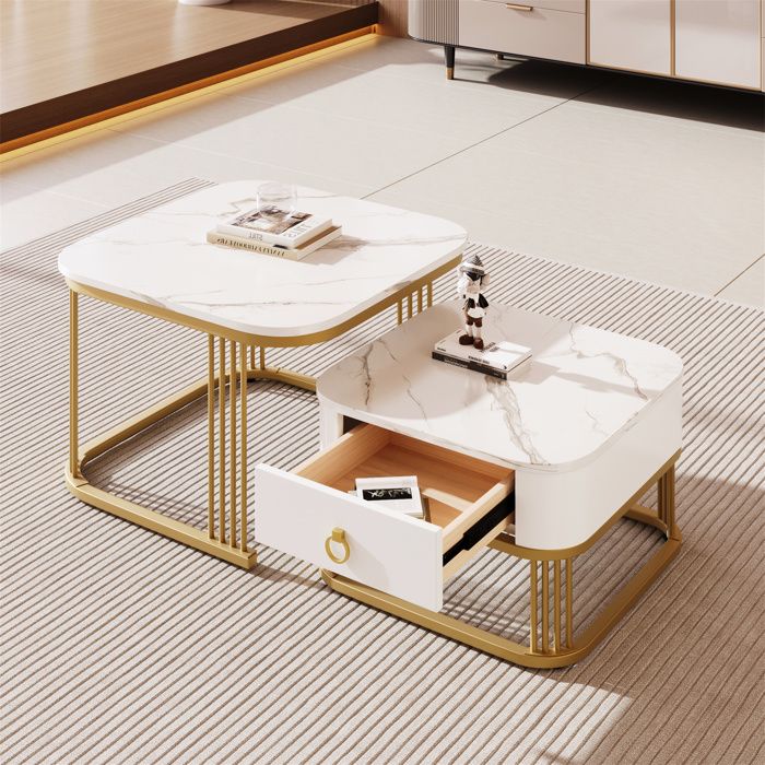 Table basse salon 2 en 1 Table dappoint blanc avec tiroirs Décoration doré 60x60x45+50x50x34cm