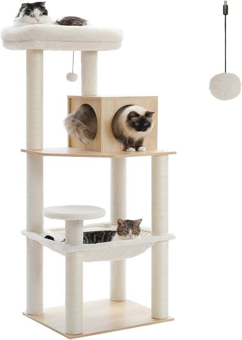Meilleurs prix pour Arbre À Chat Design Moderne, Arbre A Chat En Bois Avec Grand Hamac, Perchoir Confortable & Poteaux À Griffer En Sisal, 143 Cm