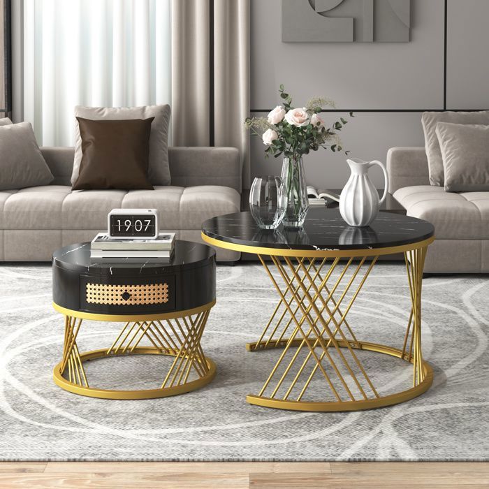 2 en 1 Tables basses gigognes ronde Plateau en marbre 1 tiroir Pieds métal 70x70x455+50x50x385cm Noir