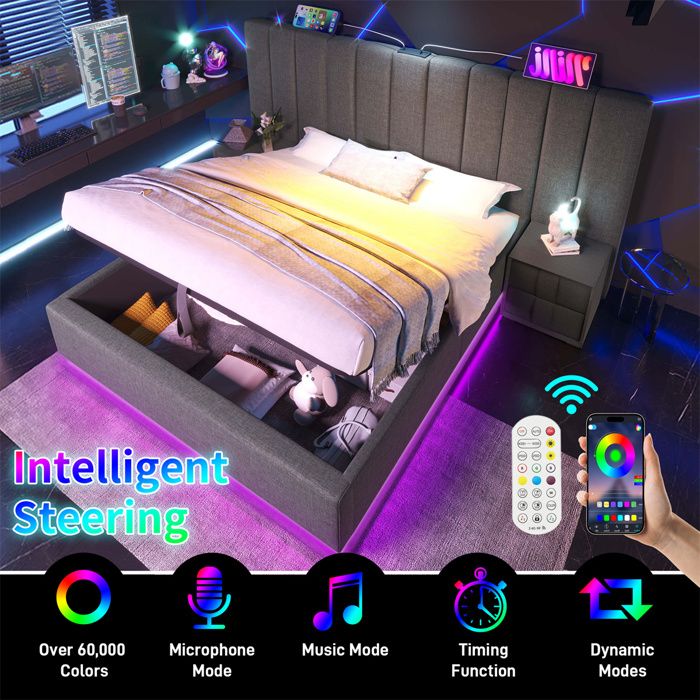 Lit 180x200 avec Sommier Lit Coffre LED pour Double AdulteCadre de Lit avec Rangement et USB-CTête de Lit LongueTissu Lin Gris