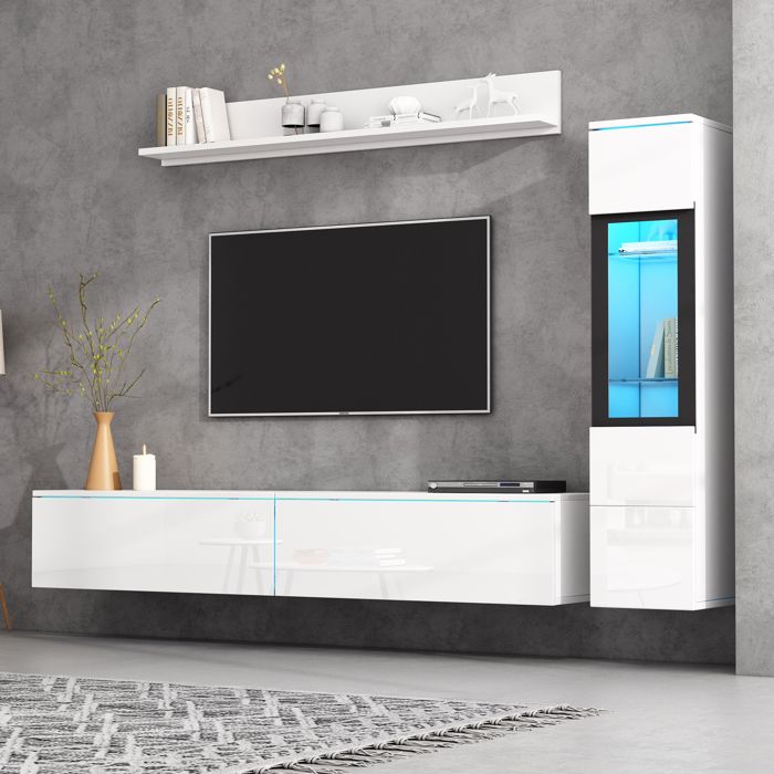 TV mural Set de 3 pièces LED éclairage haute lumière blanc salon meubles set mur avant blanc 1 x armoire TV 1 x vitrine de salon