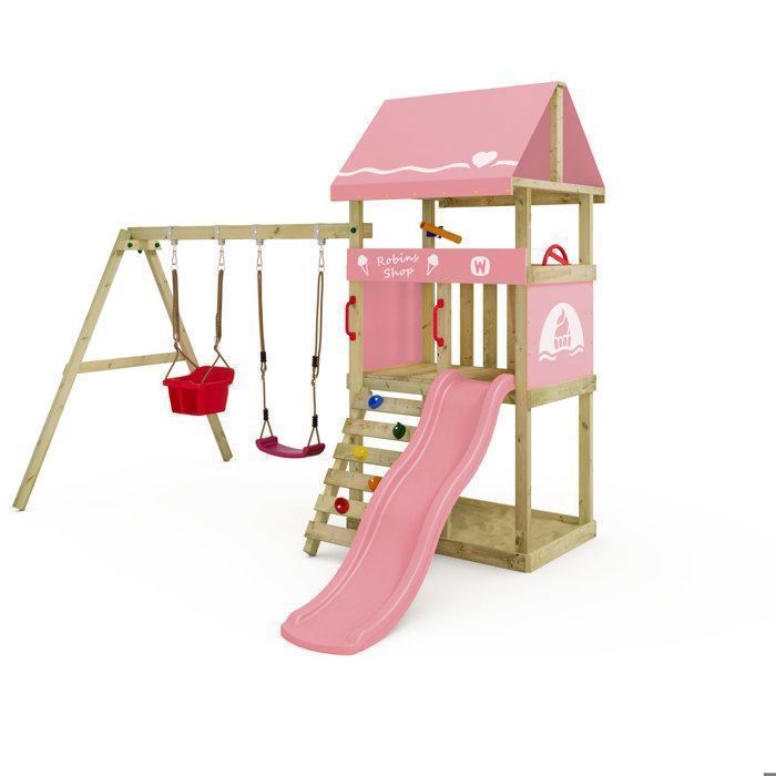Aire de jeux WICKEY DinkyHouse – Toboggan rose pastel et balançoire avec siège bébé – Un univers daventures pour les tout-petits