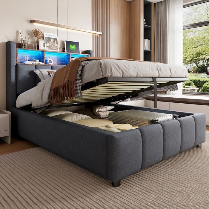 Lit rembourré enfant 90x200 cm Lit coffre Lit simple capitonné en lin avec éclairage LED port USB et rangement - gris