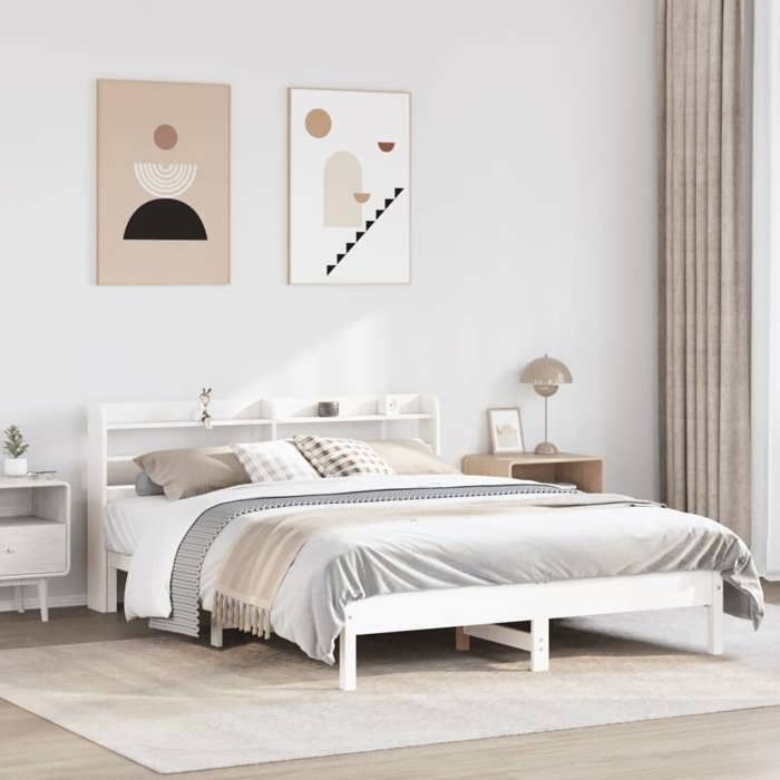 Lit Double Adulte Cadre de lit - SOLOMON - blanc 140x190 cm bois de pin massif JILLS 28368