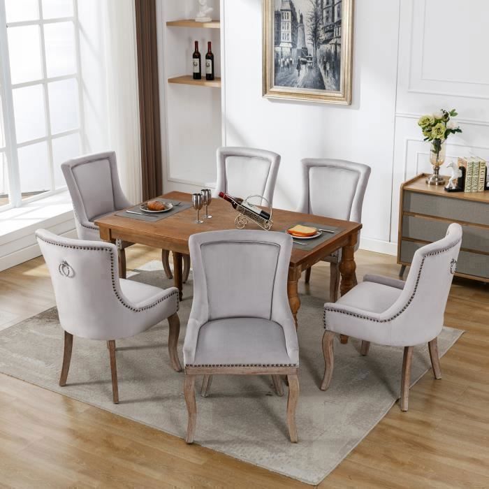 Lot de 6 Chaises Capitonnes en velours-Chaise de salle manger Luxe-Pieds en bois massif-Style classique-Fauteuils chaises-Gris