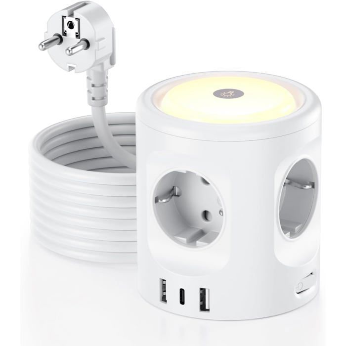 Multiprise 4 Prises + 3 Ports USB, Cordon 1,5m – Design Pratique Et Ignifuge