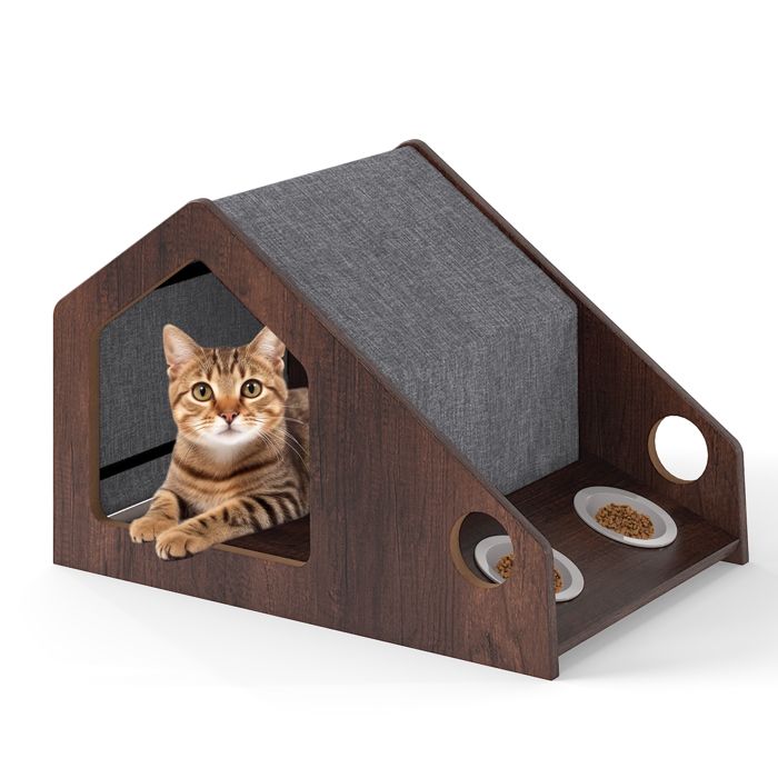 Meuble en Bois pour Chat COSTWAY Condo avec Station dAlimentation Toit Amovible Structure en Métal Maison pour Chatons dIntér Meuble en Bois pour Chat COSTWAY Condo avec Station dAlimentation Toit Amovible Structure en Métal Maison pour Chatons dIntér