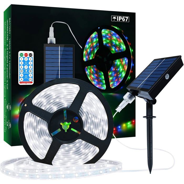 Ruban LED Solaire Extérieur 5m 280 LEDs Bande LED IP67 Étanche Lumières LED Blanc Froid avec Télécommande 8 Modes dEclairage