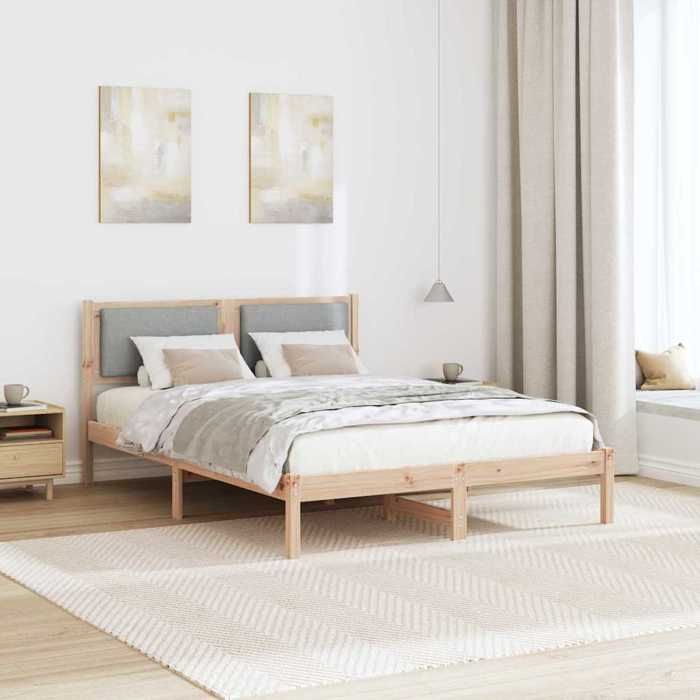 Structure de lit en pin massif - UU - Gris clair - 140x190 cm - Cadre à lattes - Tête de lit rembourrée