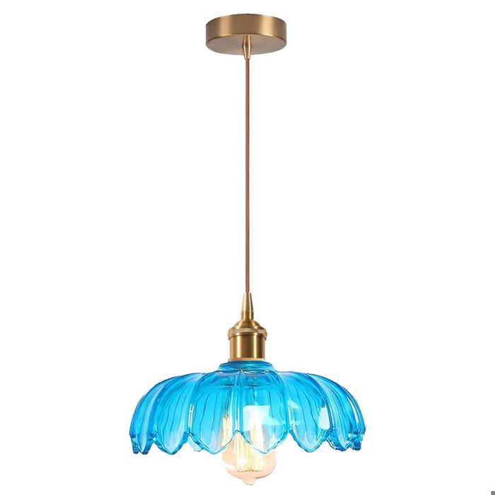 iDEGU Lustre ModerneLampe de Plafond Vintage Abat-jour en Verre Design Fleurs Bleu E27 Suspension Luminaire Style Nordique25cm