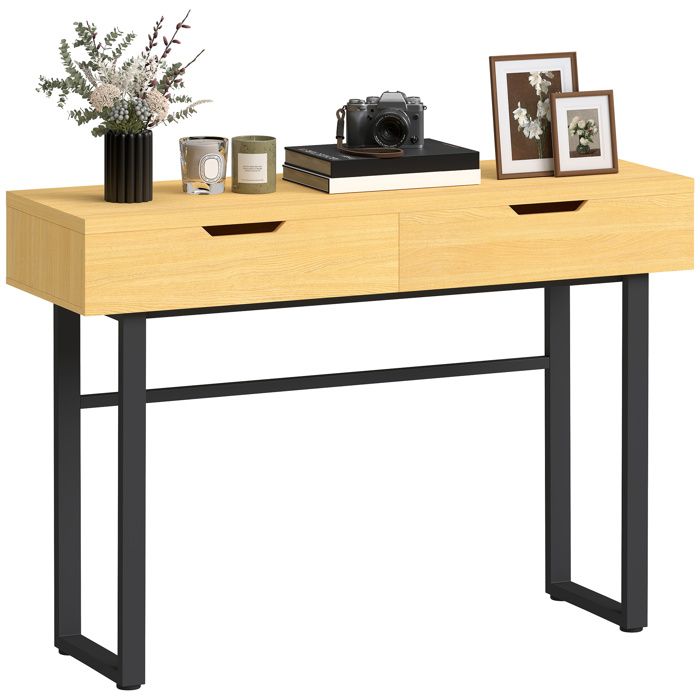 Console meuble - HOMCOM - étroite - 2 tiroirs - cadre en métal sans poignées - panneau de particules - 110x35x76 5cm - bois naturel Console meuble - HOMCOM - étroite - 2 tiroirs - cadre en métal sans poignées - panneau de particules - 110x35x76 5cm - bois naturel