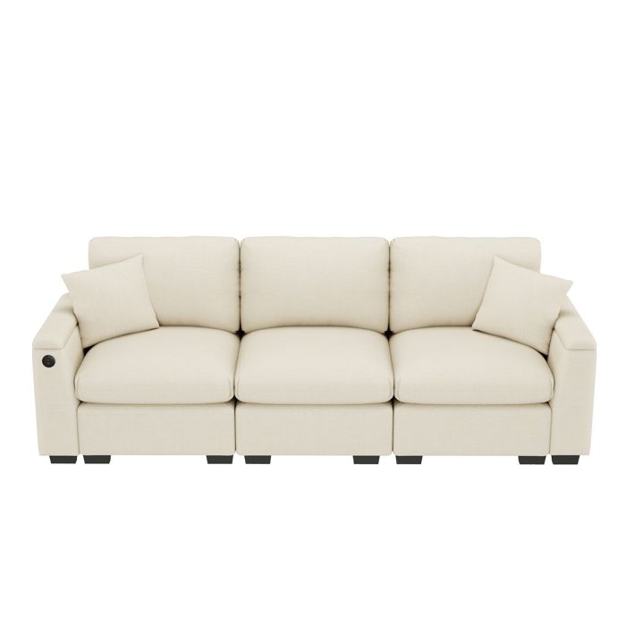 Canapé Droit 3 placesMultifonctionnel En ChenilleAvec Port USB et Porte-gobelets242×80×88 cmBeige