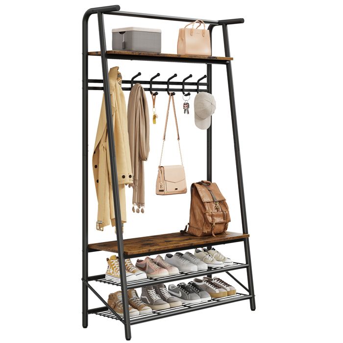 4 en 1 Vestiaire-Porte-Manteau Avec Banc- Étagère à Chaussures - avec Crochets-80P x 31l x 180H