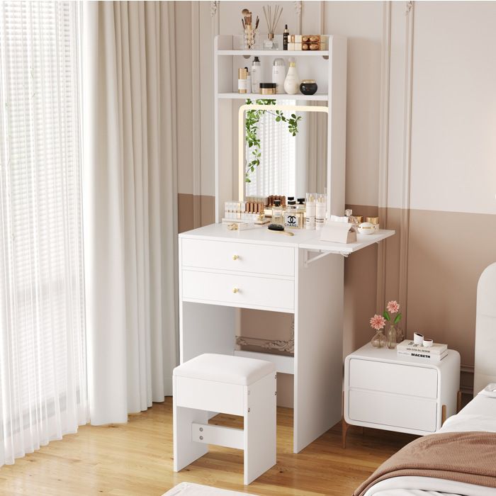Coiffeuse avec miroir LED tricolore EVRYAE 75 x 45 x 156 cm plateau rabattable 2 tiroirs tabouret blanche