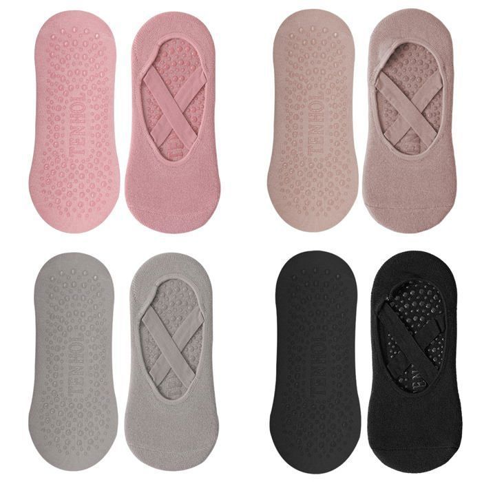 Chaussettes de yoga et de pilates pour femmes (lot de 4 paires) avec texture et bandes antidérapantes.