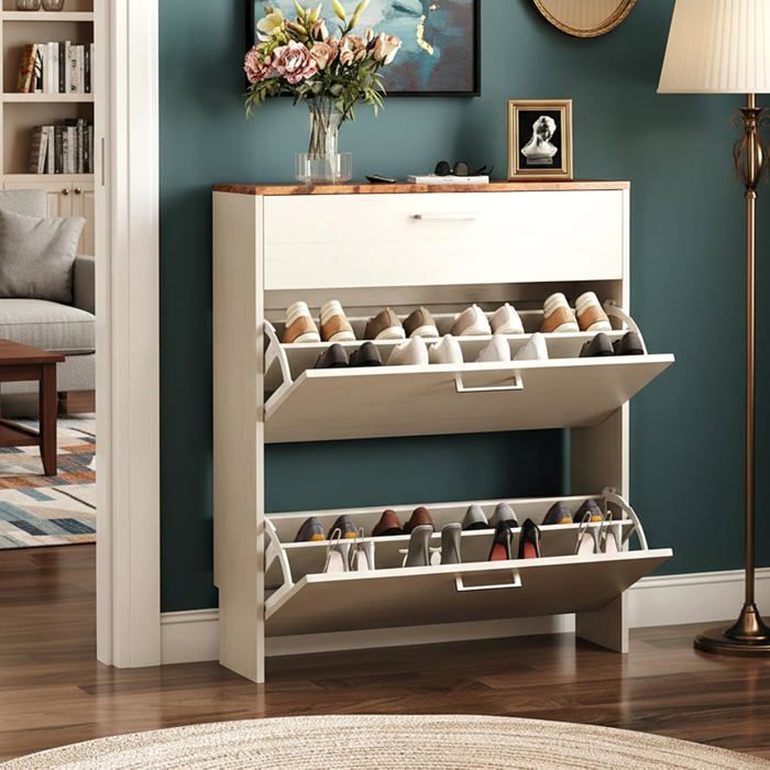 Meuble à chaussures - ALIGHTUP avec tiroir et portes pour entrée/couloir 80x24x94 cm Blanc et Marron Meuble à chaussures - ALIGHTUP avec tiroir et portes pour entrée/couloir 80x24x94 cm Blanc et Marron