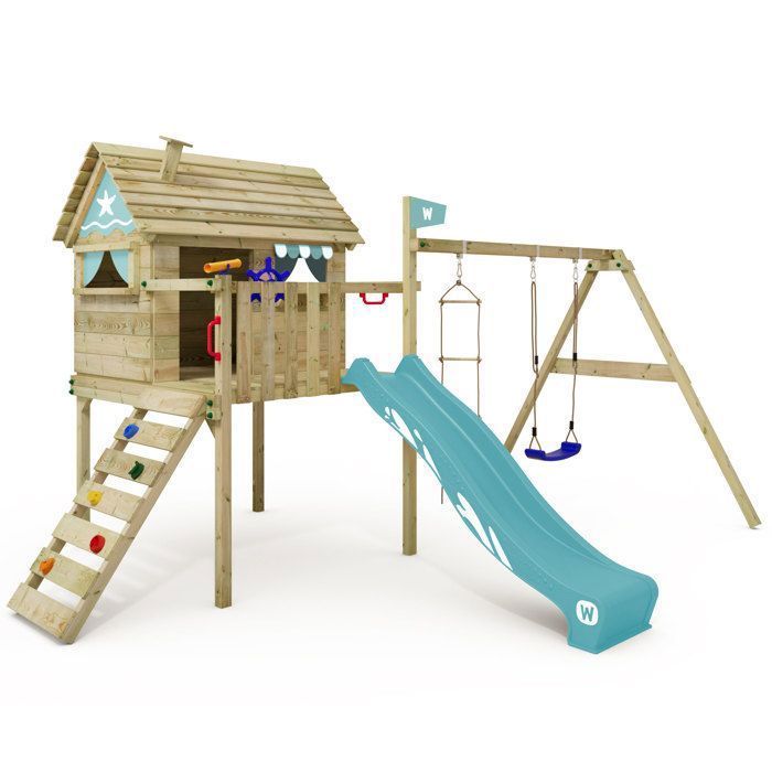 Maison sur pilotis bois WICKEY Smart Travel avec toboggan 220 cm bleu pastel et balançoire – 10 ans de garantie*