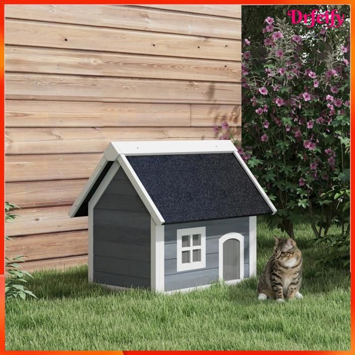 Niche extérieure pour chat - AKOZON - 9624 - Bois de sapin - Toit bitumé ouvrable - 3 portes (2 avec rideaux)