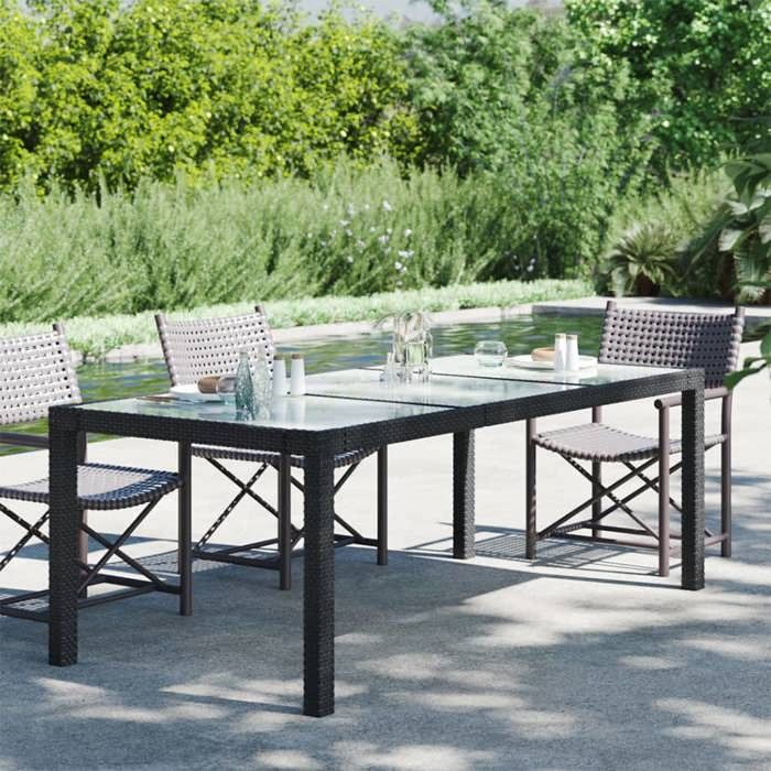 Soldes printemps Table terrasse - Noir - Table de jardin - 1 PC - Noir 190x90x75 cm verre - trempé/résine tressée T148