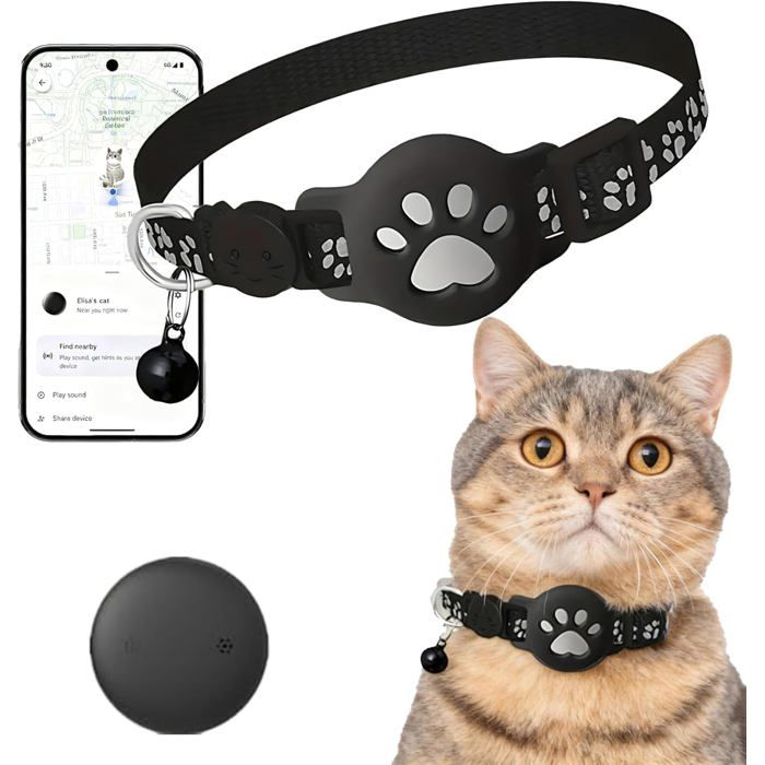 Comparer les prix de Collier GPS Chat 2026 Traceur sans SIM/Abonnement localisation temps réel imperméable durable (Noir) .