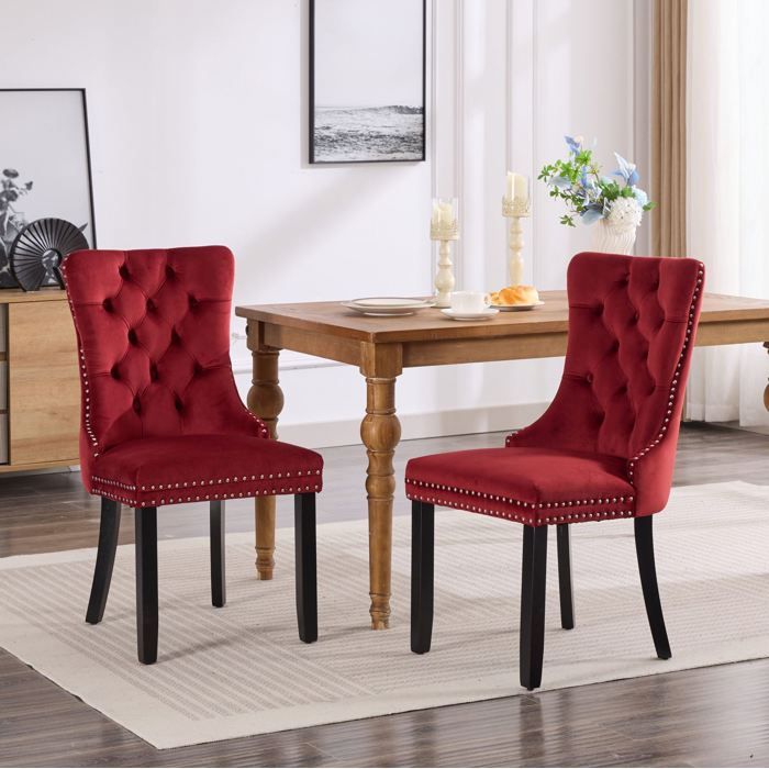 Lot de 2 chaises de salle à manger EVRYAE en velours rouge bordeaux dossier haut capitonné bois massif