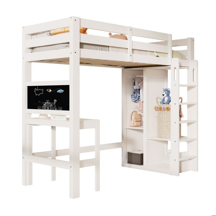Lit mezzanine enfant bureau penderie ouverte étagères sommier à lattes barrière antichute 90x200 cm blanc sans matelas