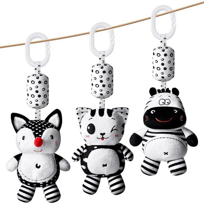 Bébé Jouets de Poussette 3Pcs Hochet Jouets Noir et Blanc Jeux Eveil Bebe 0+ Mois pour Fille Garçon Sensoriel Jouet a SPIRALE
