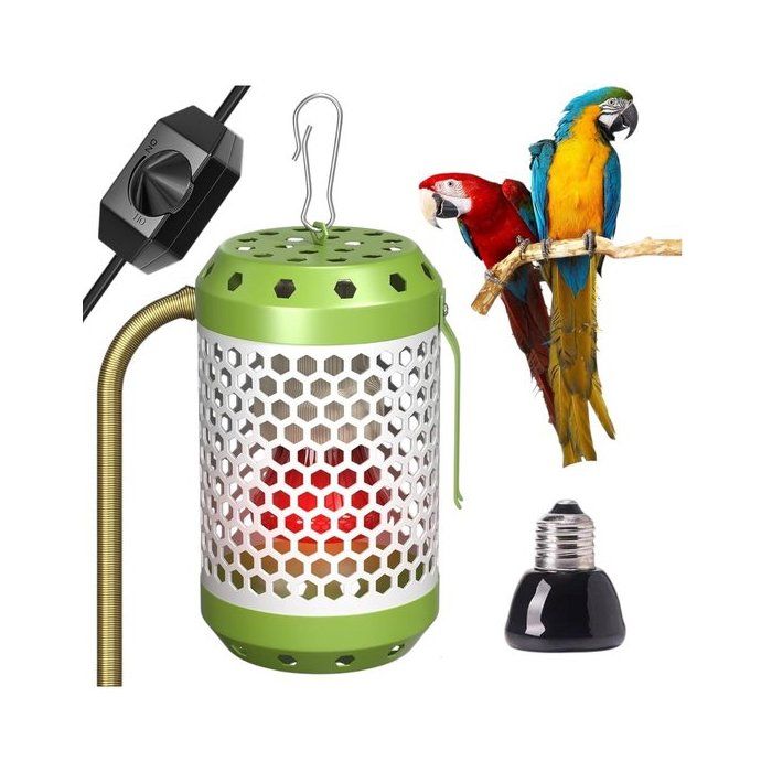 Chauffage pour cage à oiseaux - Lampe chauffante - Chauffage pour perroquet - Vert - Température réglable - Ampoule 1100 W incluse