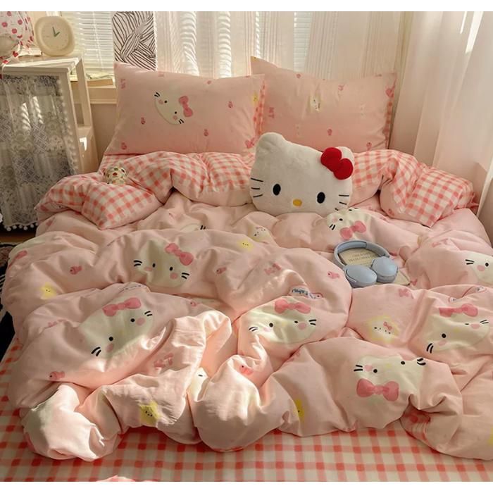 Parure de lit 4 pièces Hello Kitty en coton doux housse de couette 200×230cm drap housse 180×200cm design kawaii
