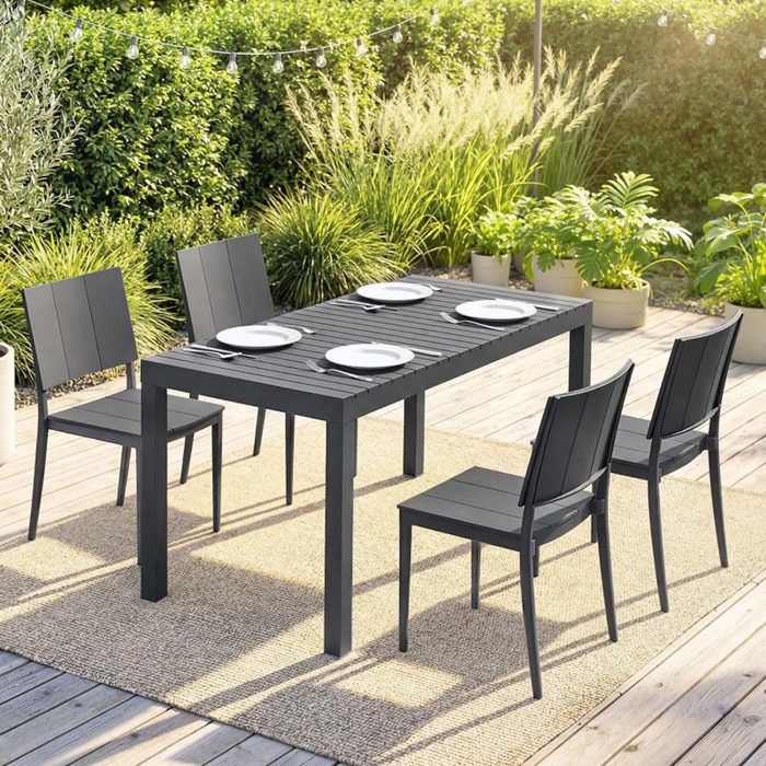 Ensemble table & 4 chaises jardin - CRESTA - Minimaliste - Empilable - Étanche & antirouille - Gris foncé