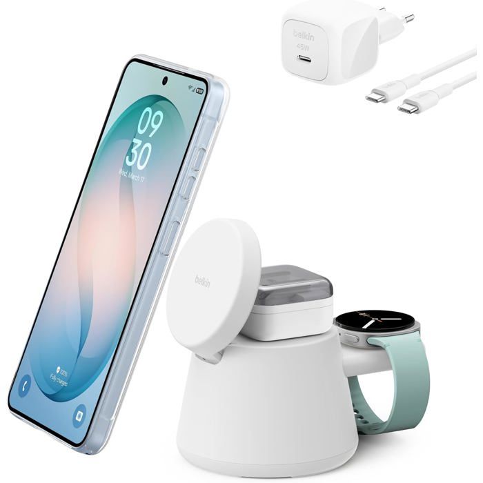 Belkin Station de Charge 3-en-1 Ultracharge USB-C Chargeur Magnétique Qi2.2 25W pour Samsung Galaxy S26 Apple & Galaxy Watch …