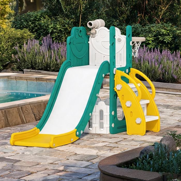 Toboggan enfant 5-en-1 avec panier de basket et télescope en polyéthylène jaune dimensions 178 x 70 x 86 cm pour extérieur
