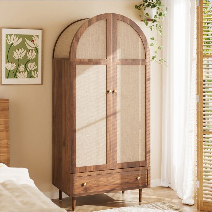 Armoire de chambre à portes en tissu aspect noyer forme arche avec tiroir MDF 79 x 50 x 175 cm ORVRYN