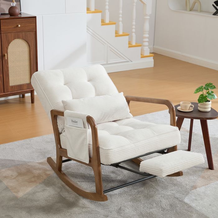 Fauteuil à Bascule 70x80x92 cm - Repose-pieds Intégré - Poche Latérale avec Velcro - Velours Côtelé Beige