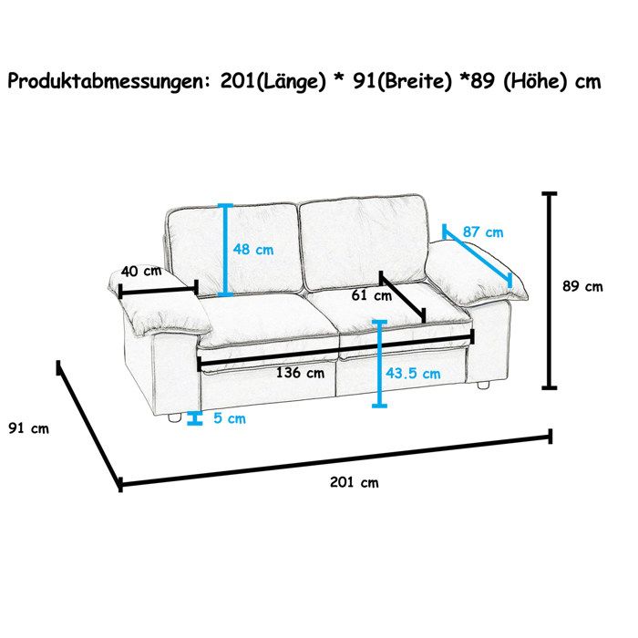Canapé fixe 2 places avec rangement sous assise tissu polyester blanc crème 201 x 91 x 89 cm ORVRYN