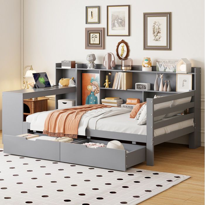 MEUBLIV Lit combiné 90 x 200 cm avec bureau bibliothèque 2 tiroirs prise USB bois gris
