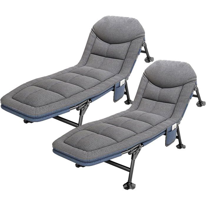 Chaise longue pliante 5 positions - lit de camp 2 pièces avec 6 pieds antidérapants - dimensions 190 x 67 x 38 cm gris