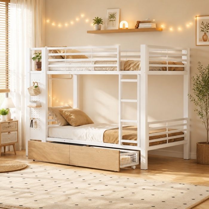Ulsam Lit Superposé Métal 90x200 cm avec éclairage LED 4 Tiroirs de Rangement étagères Panneau Perforé et Penderie Blanc