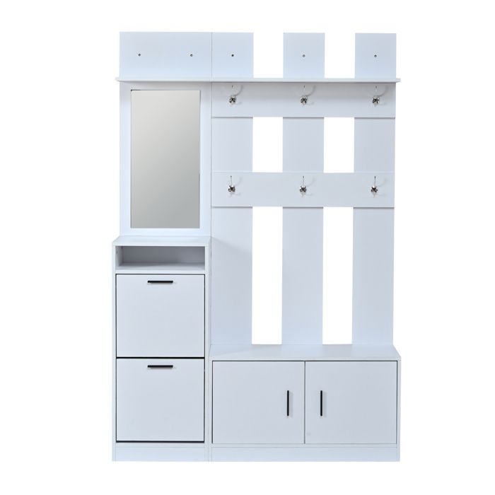 Vestiaire dEntrée Blanc Multifonctionnel 120x30x180cm - Garderobe avec Schuhschrank Miroir et Banc pour Chaussures