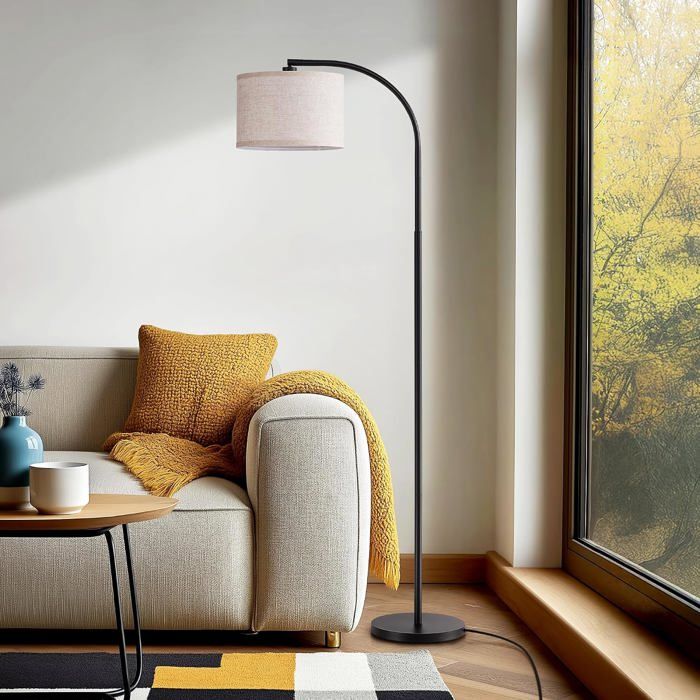 Lampadaire arc abat-jour lin noir LED incluse hauteur 161 cm douille E27 interrupteur au pied idéal salon et chambre